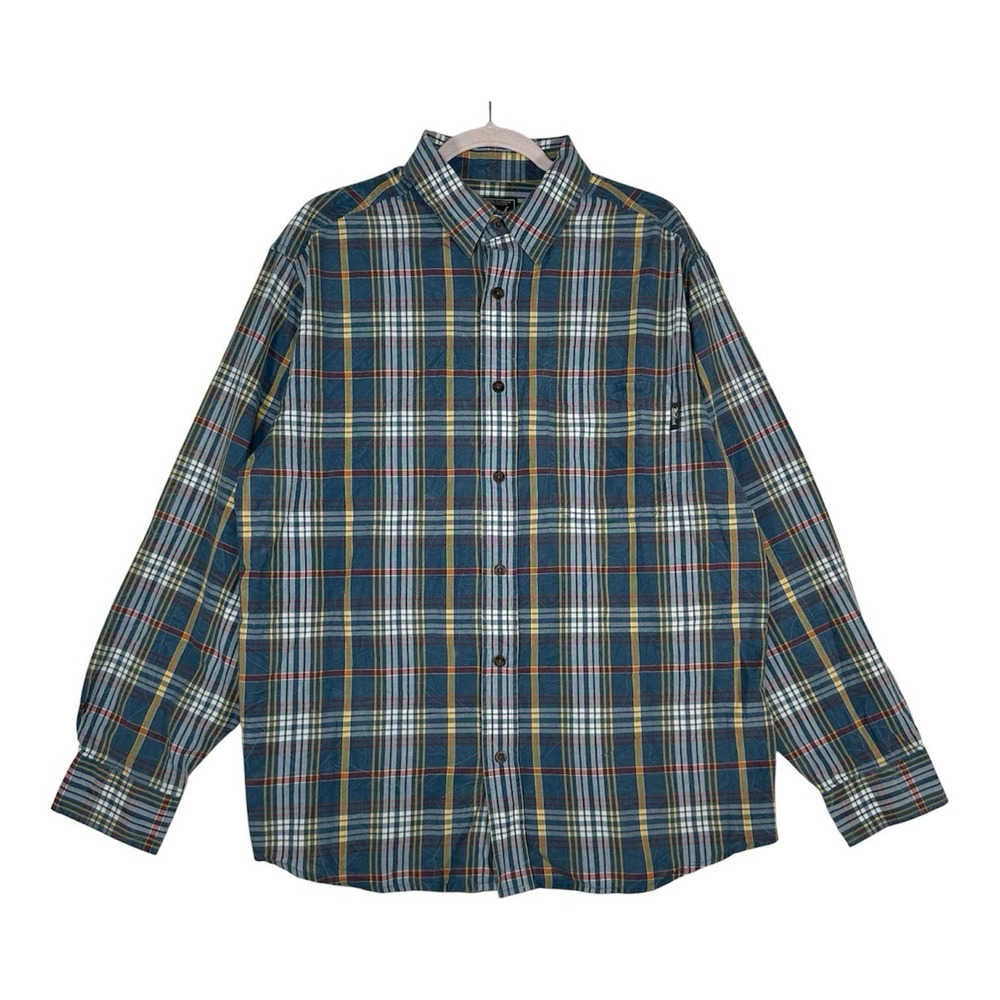 Woolrich Plaid Shirt Mens L Blue Yellow Cotton Button Up Cabin-Core 90s